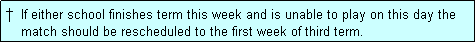 Text Box: �  If either school finishes term this week and is unable to play on this day the
    match should be rescheduled to the first week of third term.
